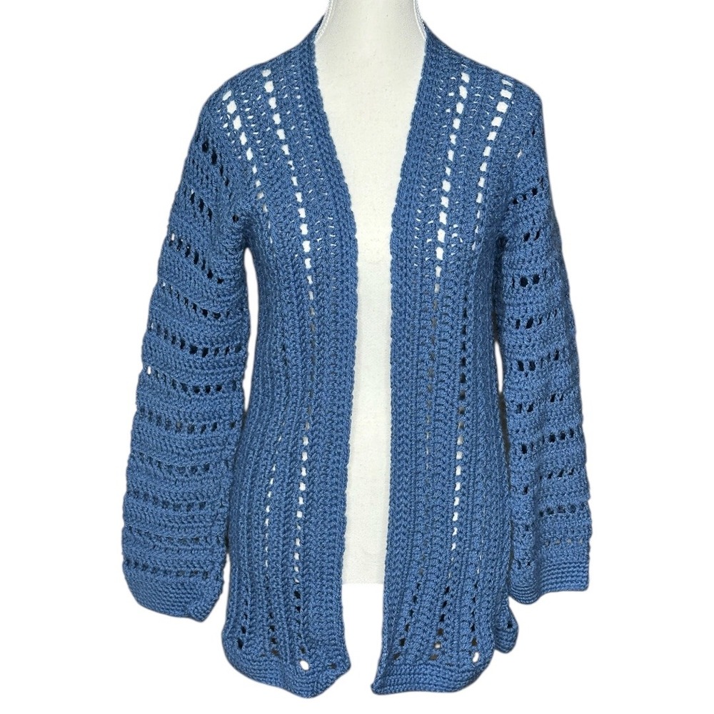 Handmade Blue Crochet Open Front Long Sleeve Cardigan Sweater Women